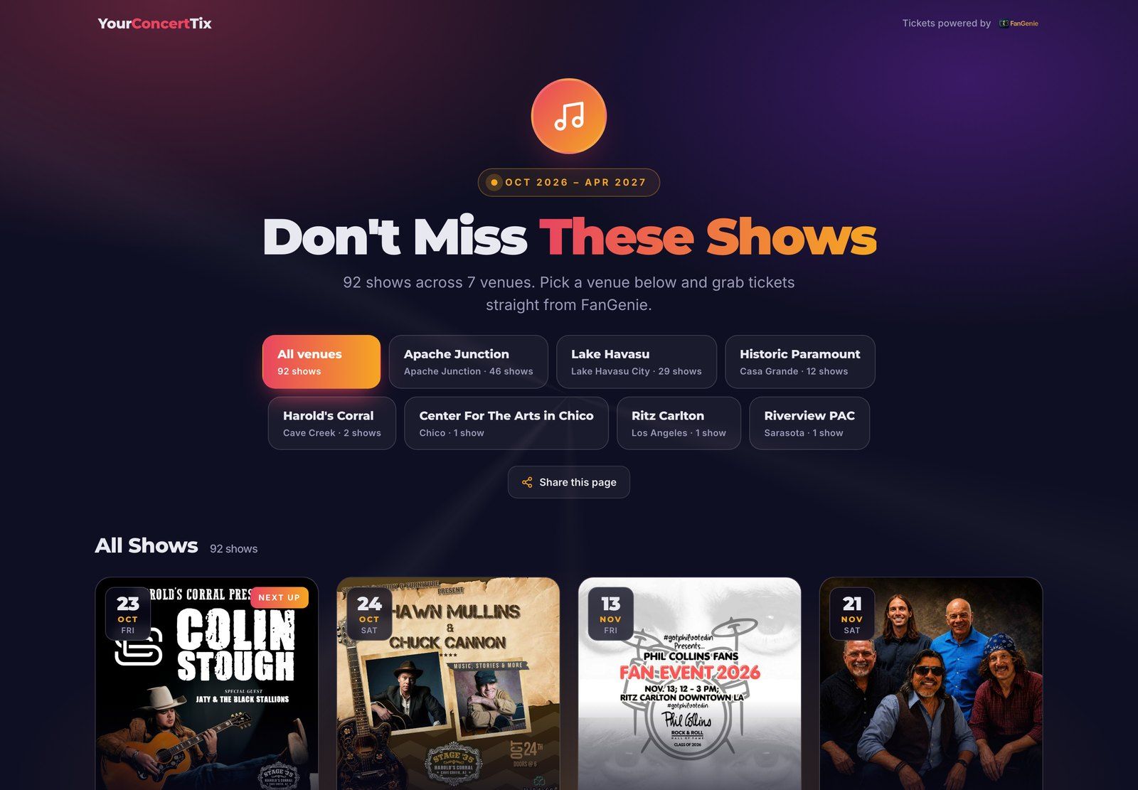 An affiliate page titled Don't Miss These Shows, listing 92 shows across 7 venues