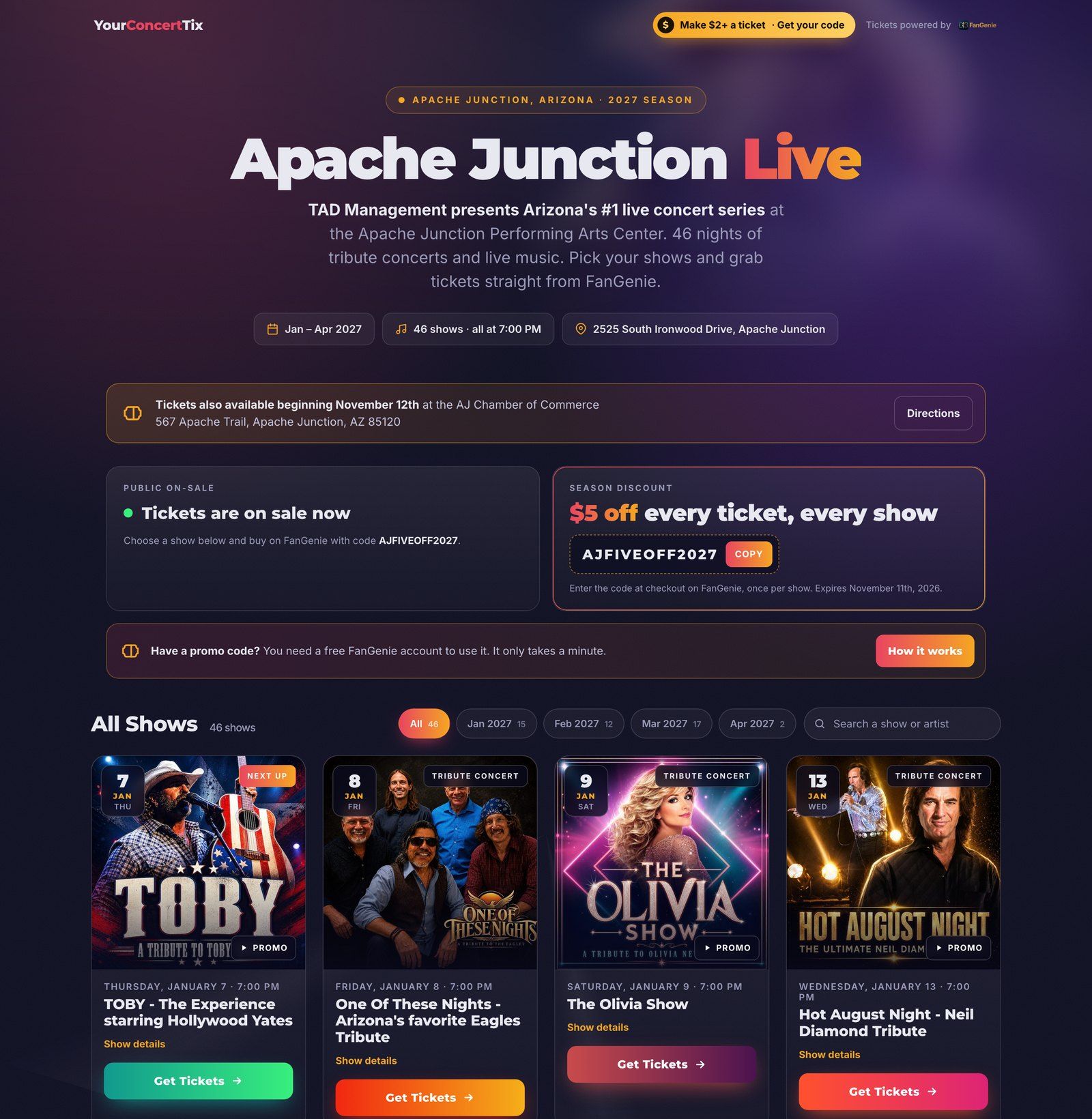 Apache Junction Live season page with a $5-off season code and a grid of show posters