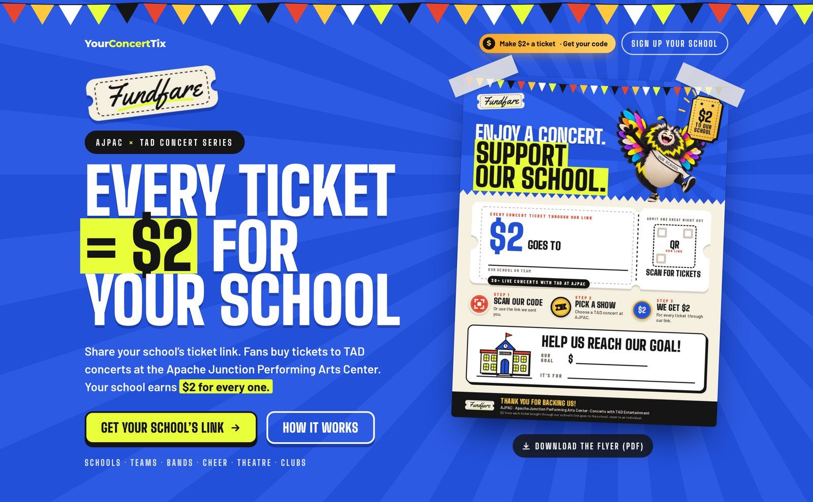 Fundfare page: Every ticket equals $2 for your school