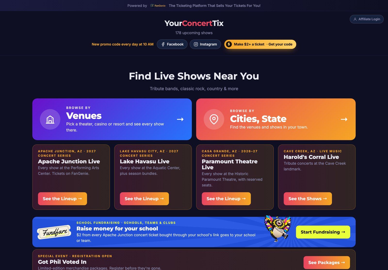 The YourConcertTix homepage, with venue and city browsing and four venue season cards