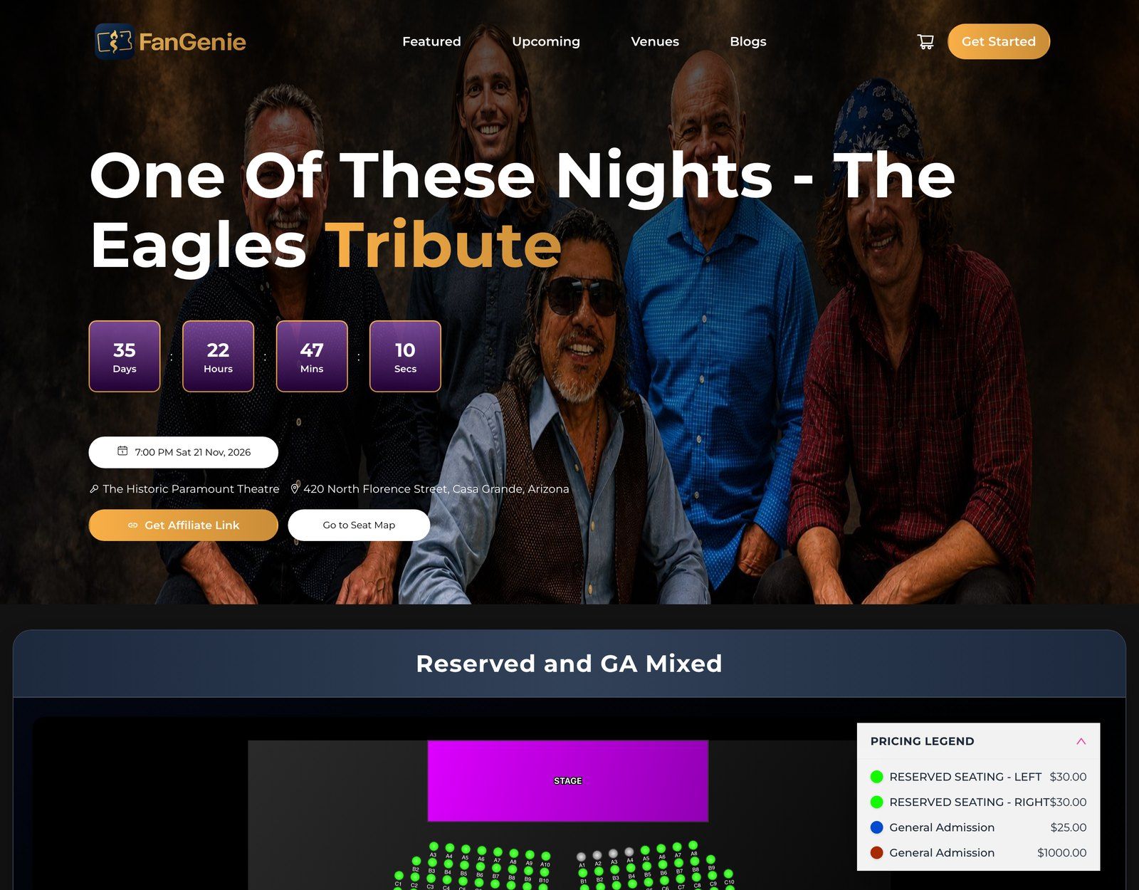 FanGenie event page for an Eagles tribute with a reserved and GA seat map and pricing legend